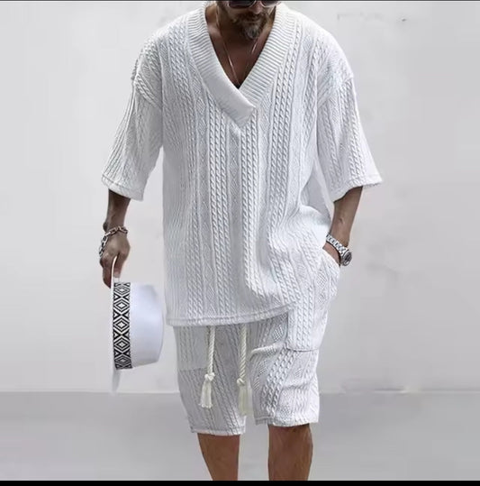 Men's Knitted Two - Piece Short Set – V - Neck Short Sleeve Top & Drawstring Shorts | Street Casual - GLITCH - BELLE