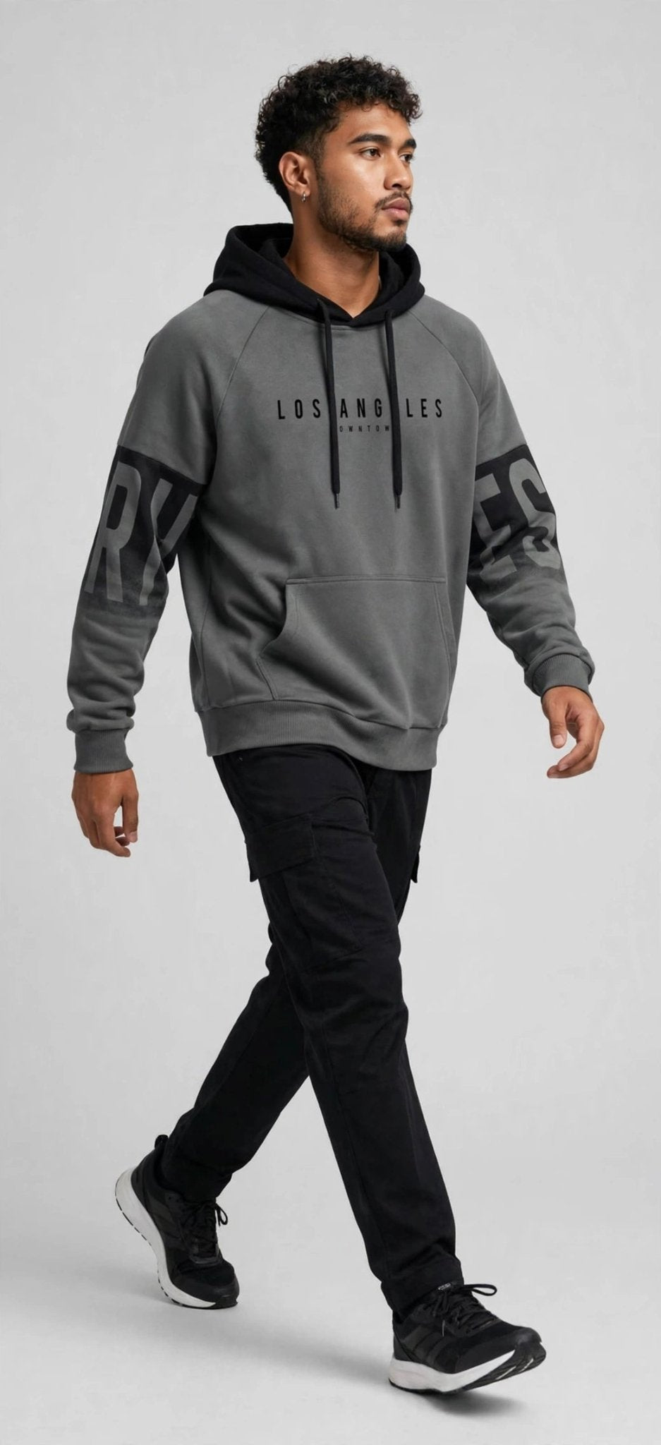 Men's Los Angeles Graphic Color-Block Hoodie – Two-Tone Beige & White Pullover - GLITCH-BELLE