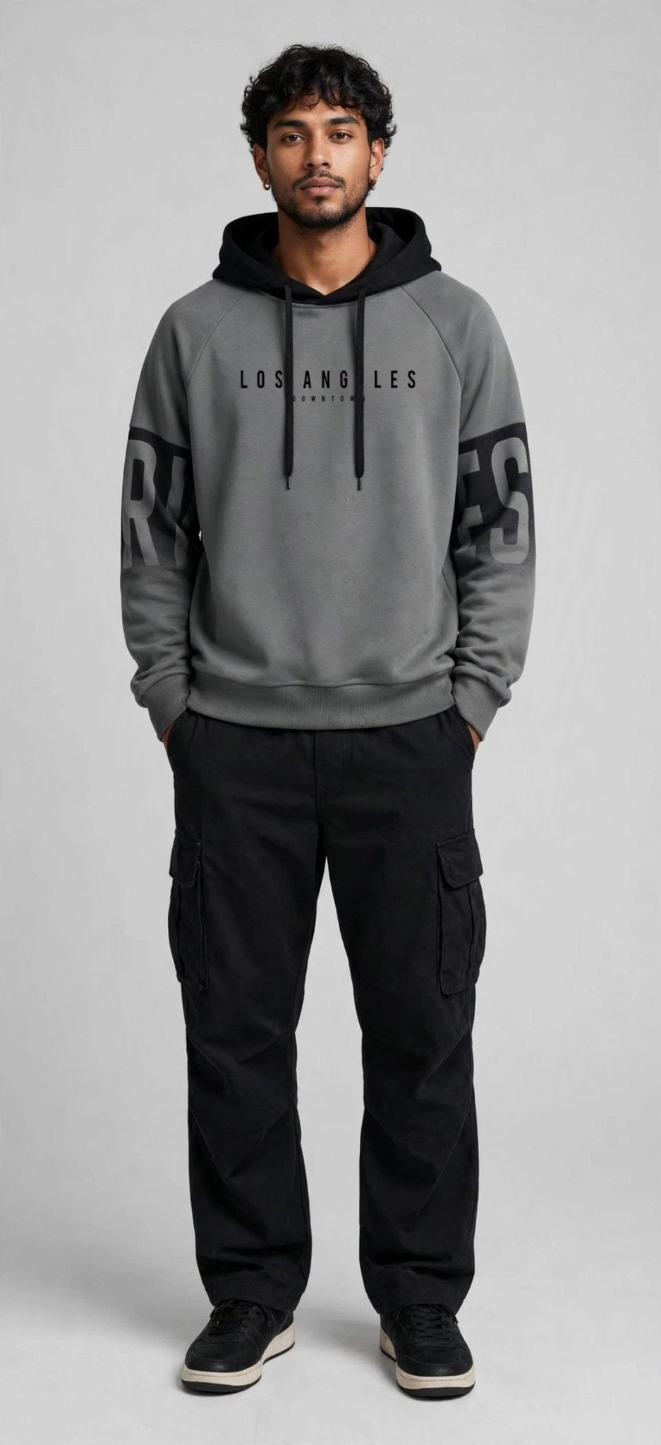 Men's Los Angeles Graphic Color-Block Hoodie – Two-Tone Beige & White Pullover - GLITCH-BELLE