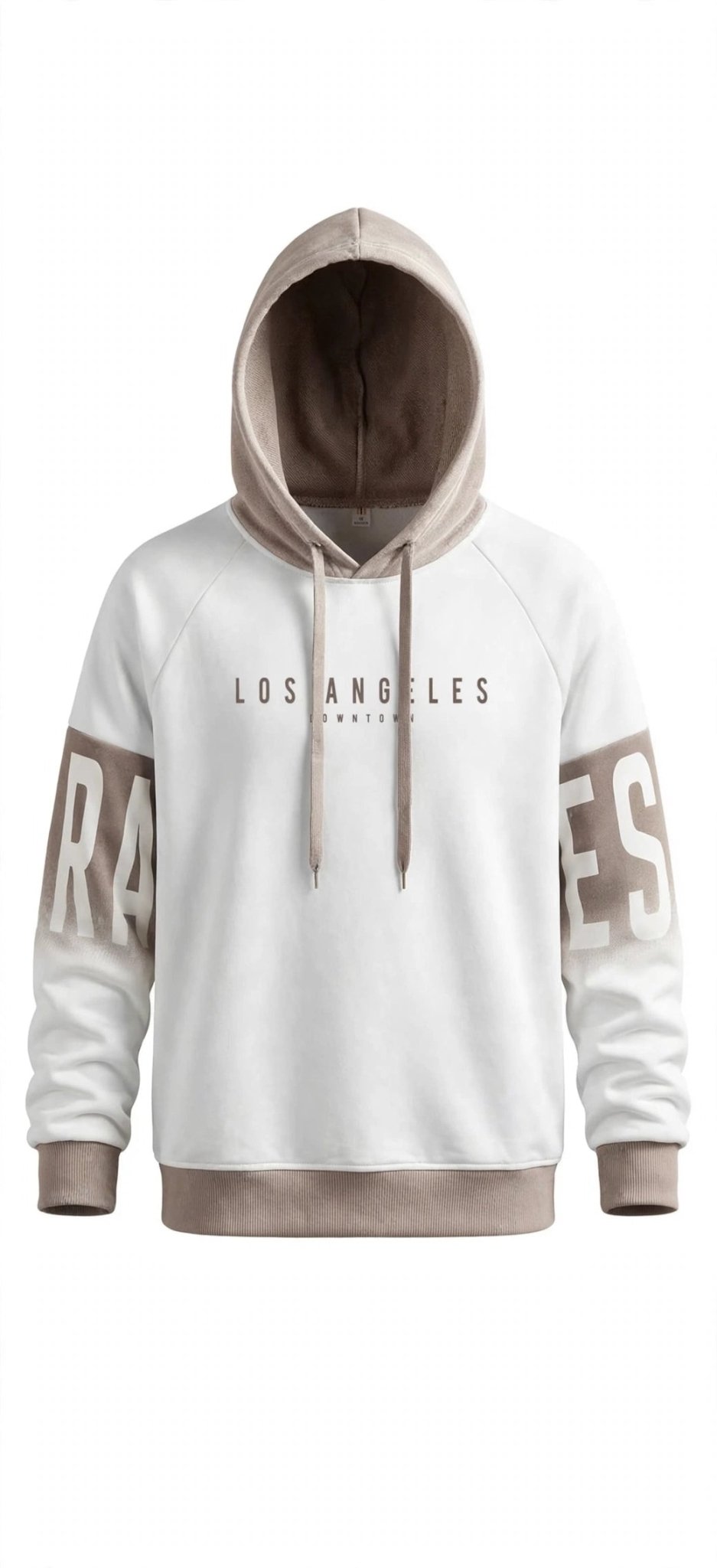 Men's Los Angeles Graphic Color-Block Hoodie – Two-Tone Beige & White Pullover - GLITCH-BELLE