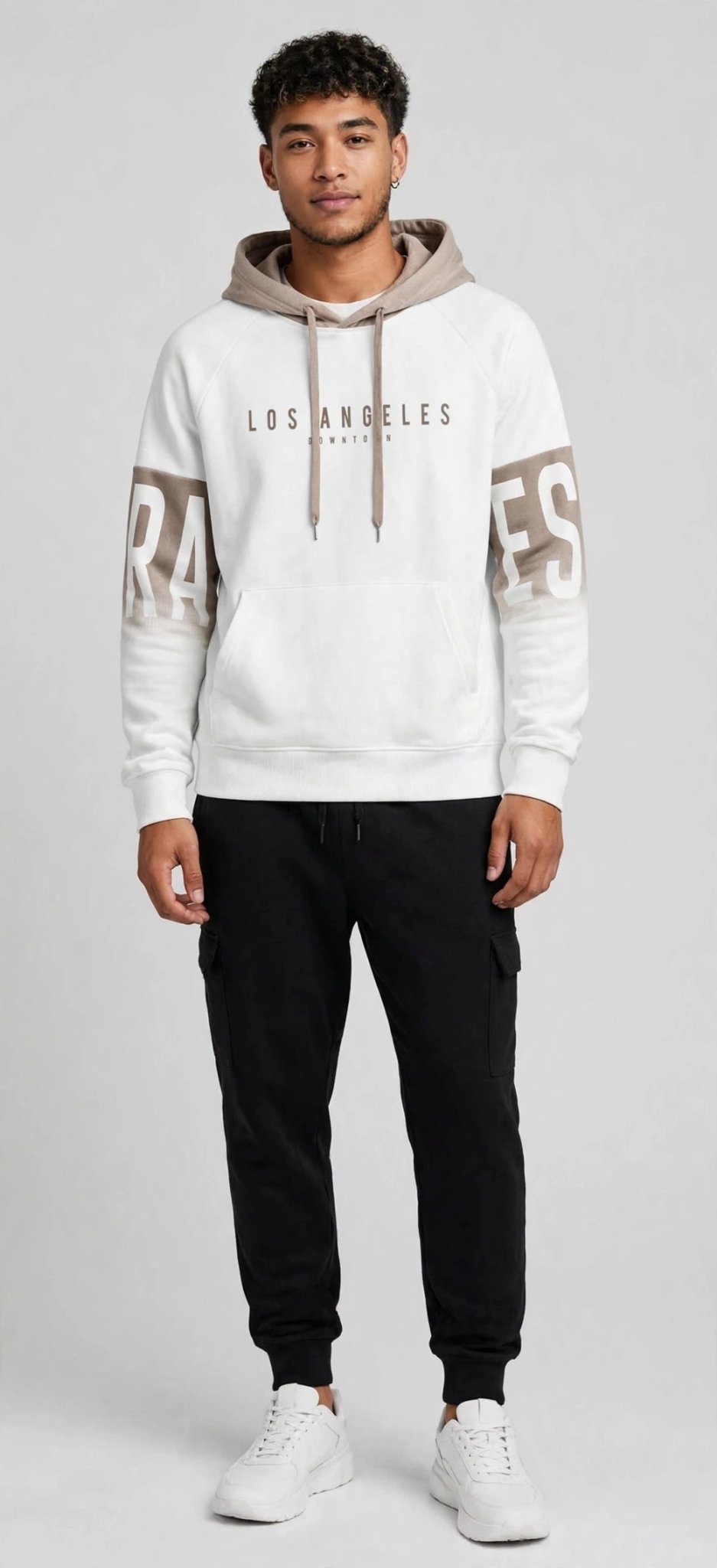 Men's Los Angeles Graphic Color-Block Hoodie – Two-Tone Beige & White Pullover - GLITCH-BELLE