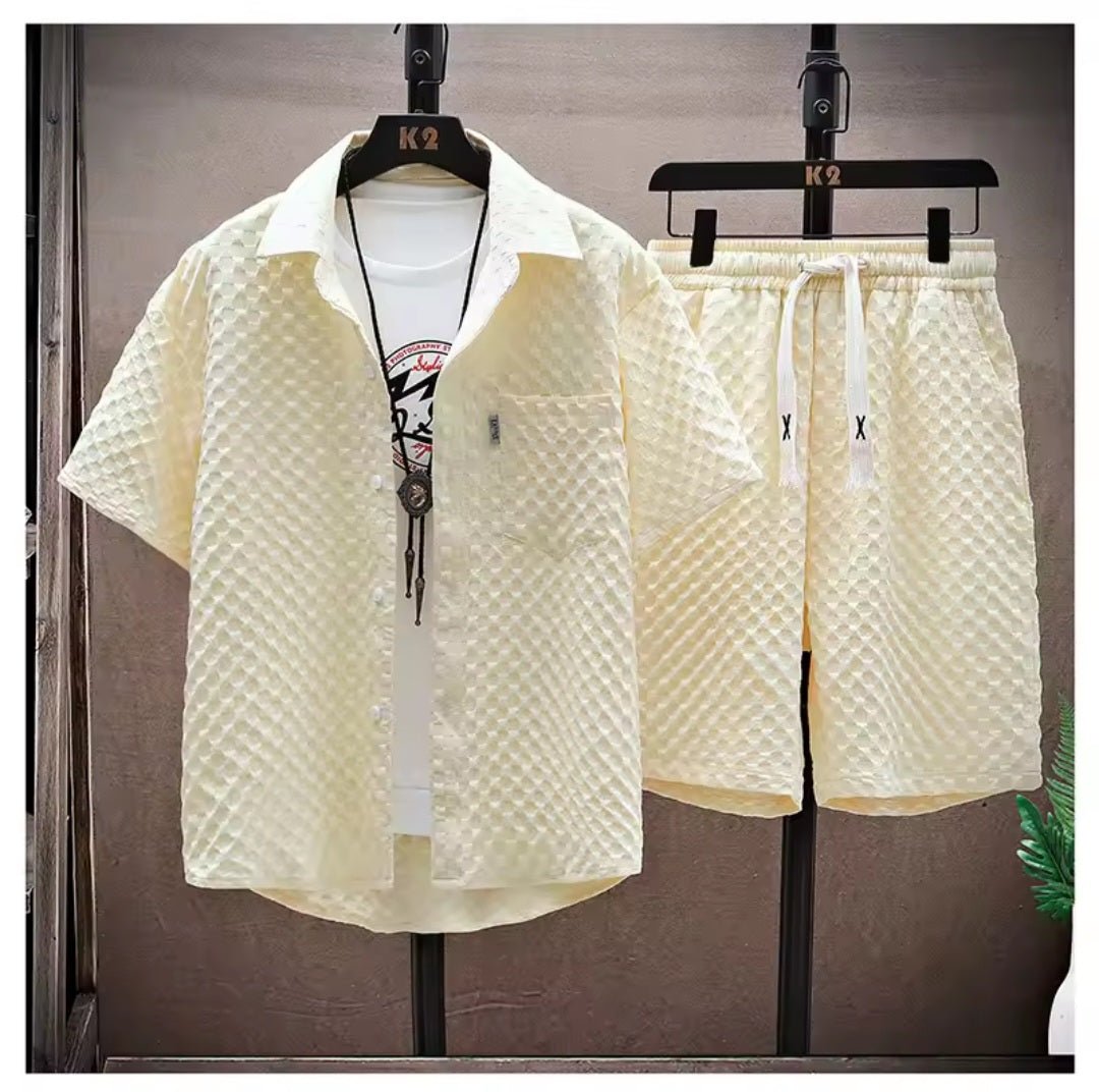 Men's Retro Short Sleeve Shirt & Casual Pants 2 - Piece Sportswear Set - GLITCH - BELLE