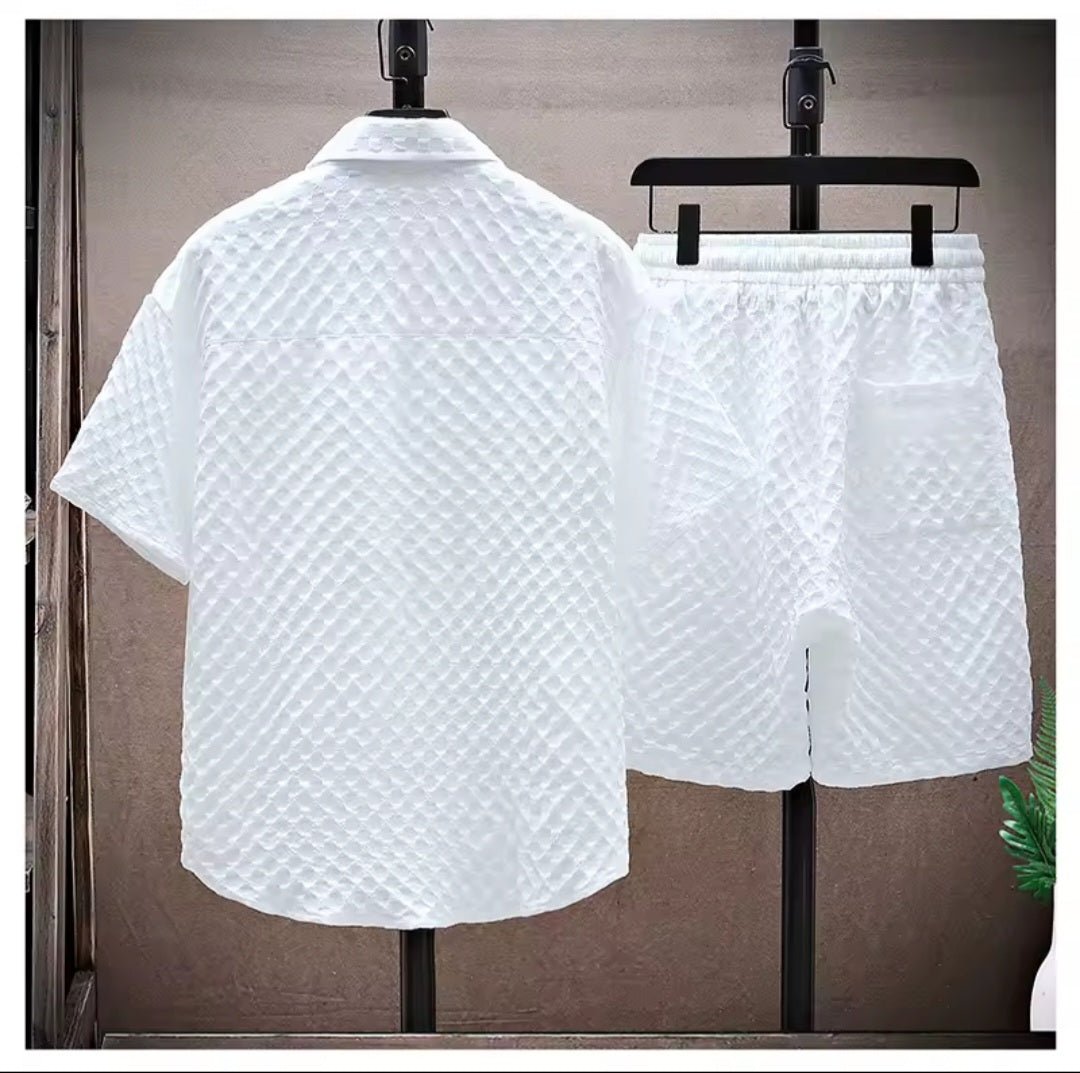 Men's Retro Short Sleeve Shirt & Casual Pants 2 - Piece Sportswear Set - GLITCH - BELLE