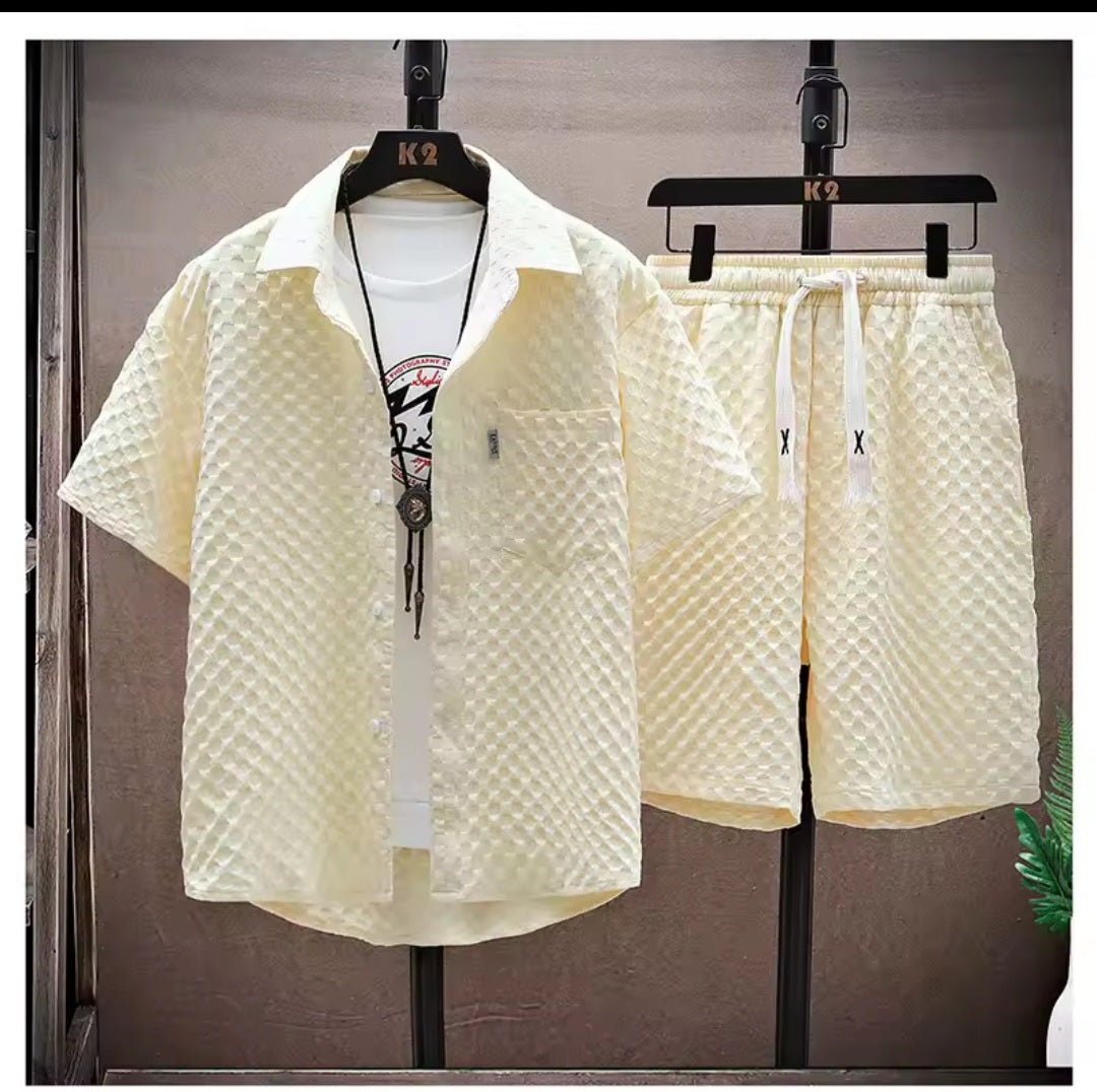 Men's Retro Short Sleeve Shirt & Casual Pants 2 - Piece Sportswear Set - GLITCH - BELLE
