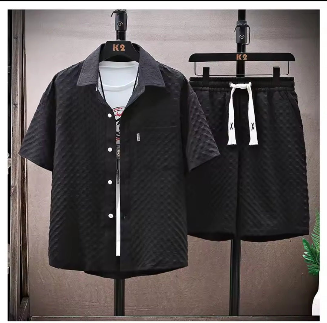 Men's Retro Short Sleeve Shirt & Casual Pants 2 - Piece Sportswear Set - GLITCH - BELLE