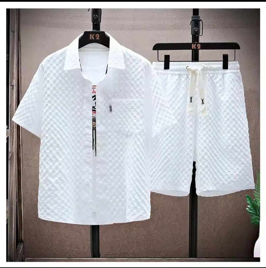Men's Retro Short Sleeve Shirt & Casual Pants 2 - Piece Sportswear Set - GLITCH - BELLE