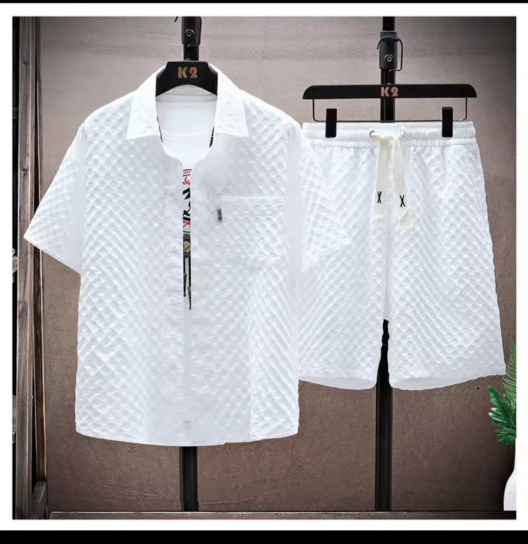 Men's Retro Short Sleeve Shirt & Casual Pants 2 - Piece Sportswear Set - GLITCH - BELLE