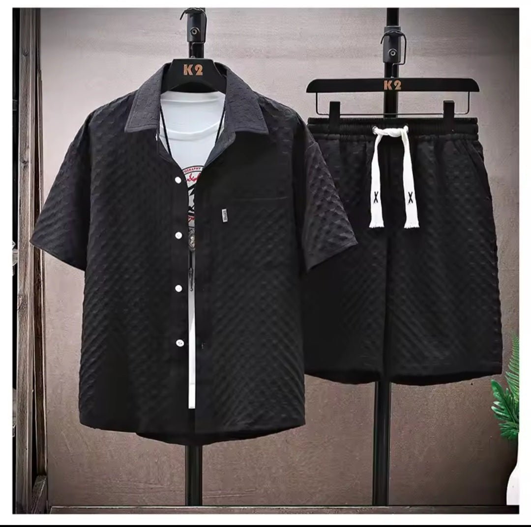 Men's Retro Short Sleeve Shirt & Casual Pants 2 - Piece Sportswear Set - GLITCH - BELLE