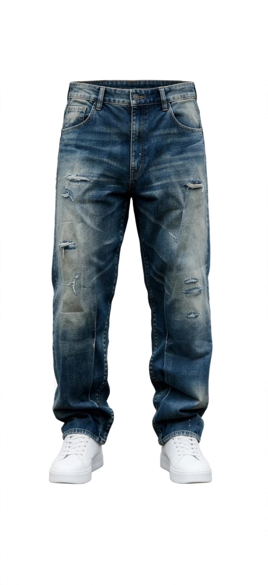 Men's Straight-Leg Distressed Jeans | Mid-Rise Stretch Denim with Leg Zipper - GLITCH-BELLE