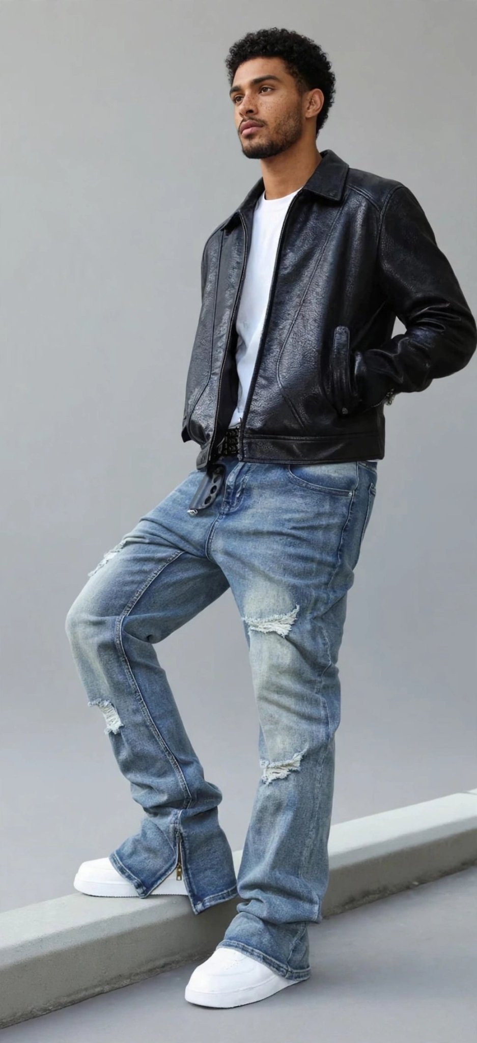 Men's Straight-Leg Distressed Jeans | Mid-Rise Stretch Denim with Leg Zipper - GLITCH-BELLE