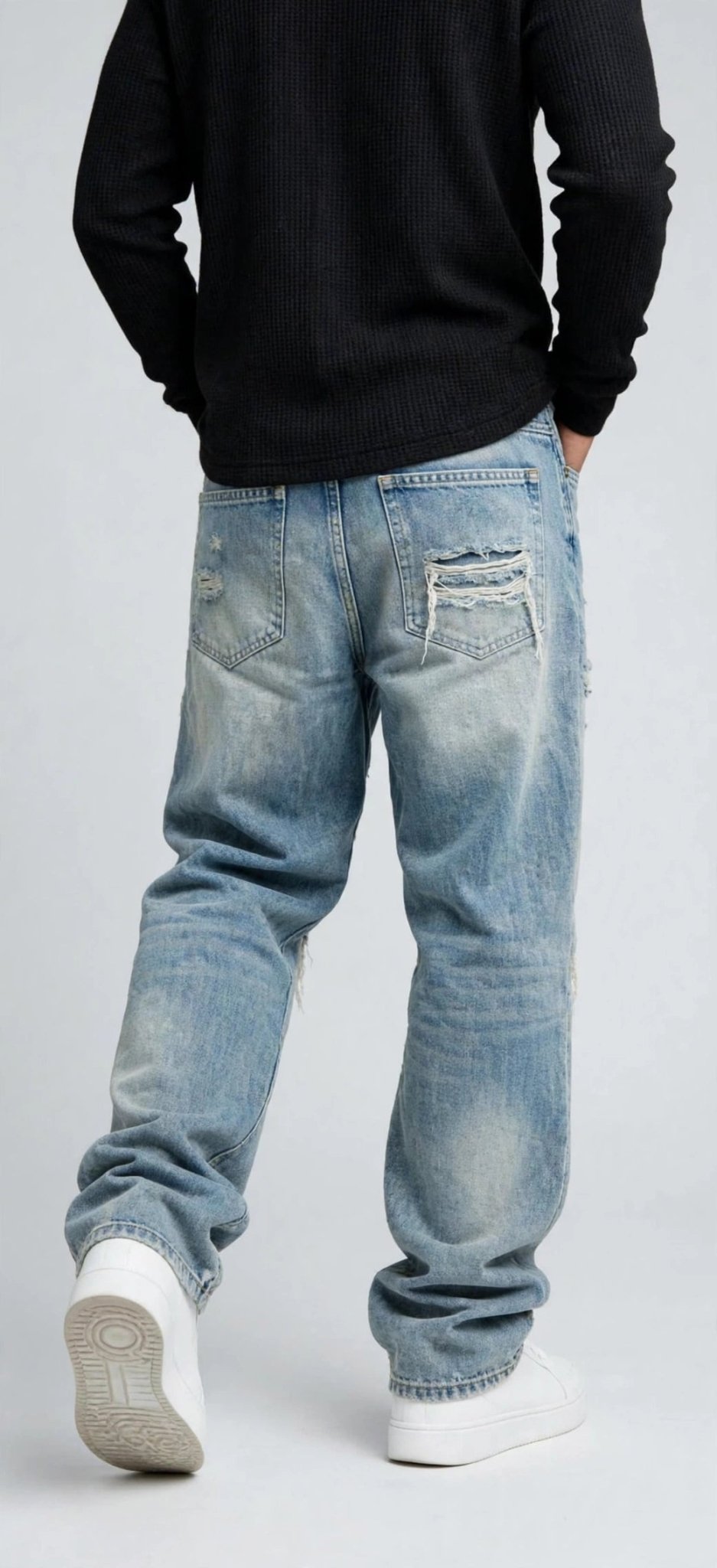 Men's Straight-Leg Distressed Jeans | Mid-Rise Stretch Denim with Leg Zipper - GLITCH-BELLE