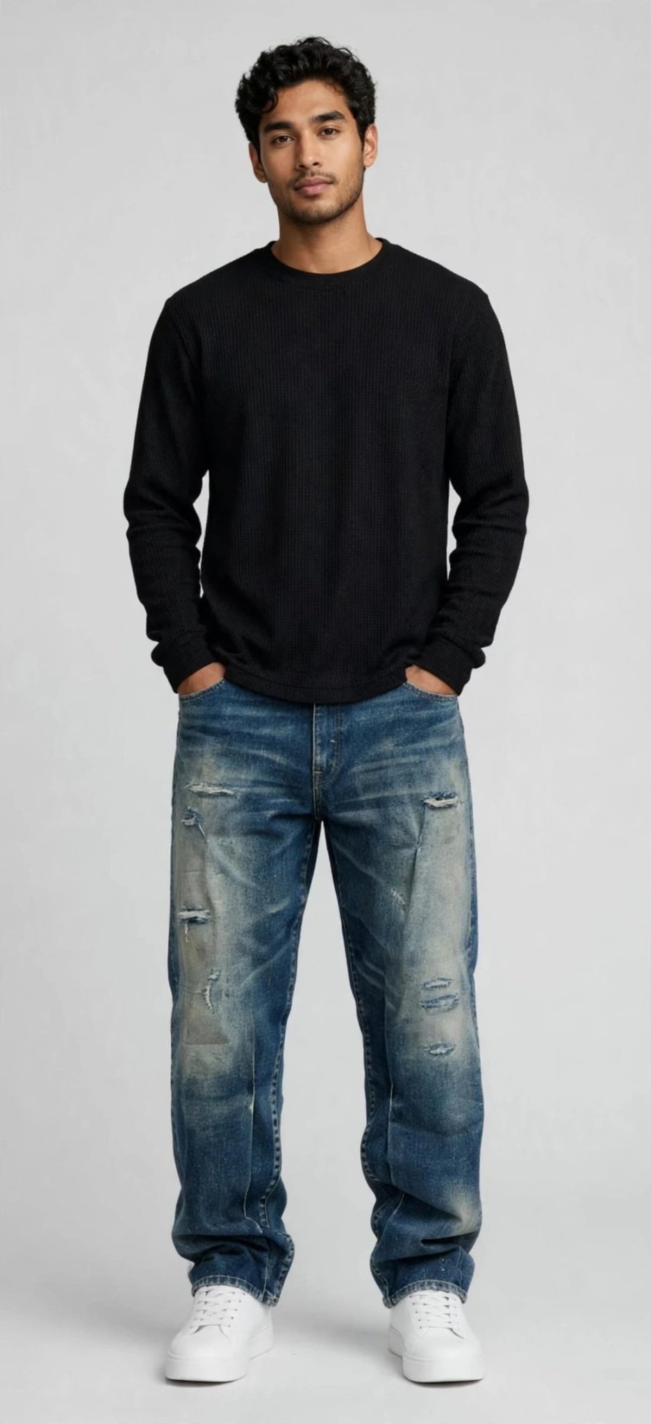 Men's Straight-Leg Distressed Jeans | Mid-Rise Stretch Denim with Leg Zipper - GLITCH-BELLE