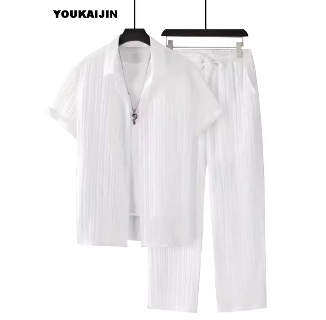 Men's Vertical Stripe Lapel Shirt & Drawstring Pants Set - GLITCH-BELLE