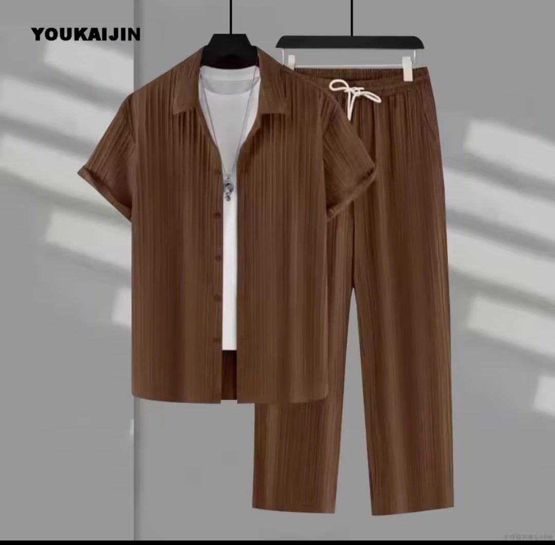Men's Vertical Stripe Lapel Shirt & Drawstring Pants Set - GLITCH-BELLE