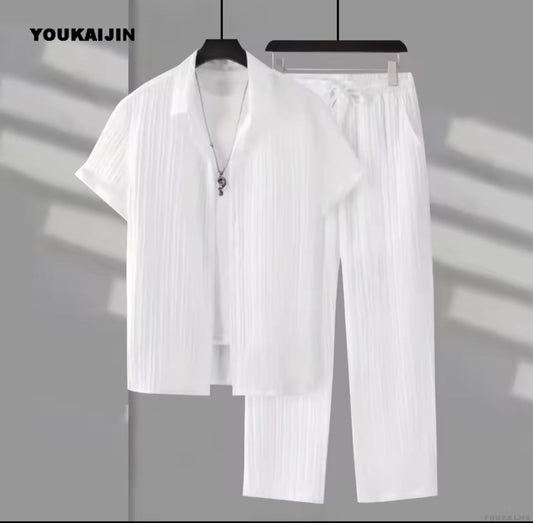 Men's Vertical Stripe Lapel Shirt & Drawstring Pants Set - GLITCH-BELLE