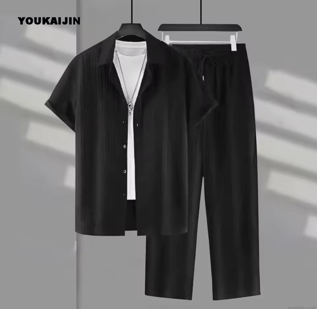 Men's Vertical Stripe Lapel Shirt & Drawstring Pants Set - GLITCH-BELLE