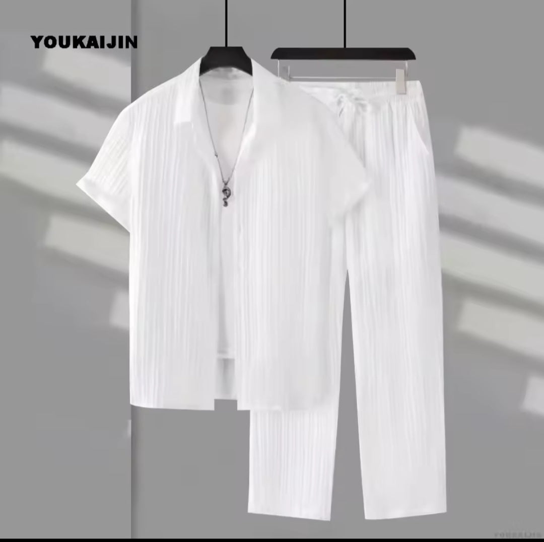Men's Vertical Stripe Lapel Shirt & Drawstring Pants Set - GLITCH-BELLE