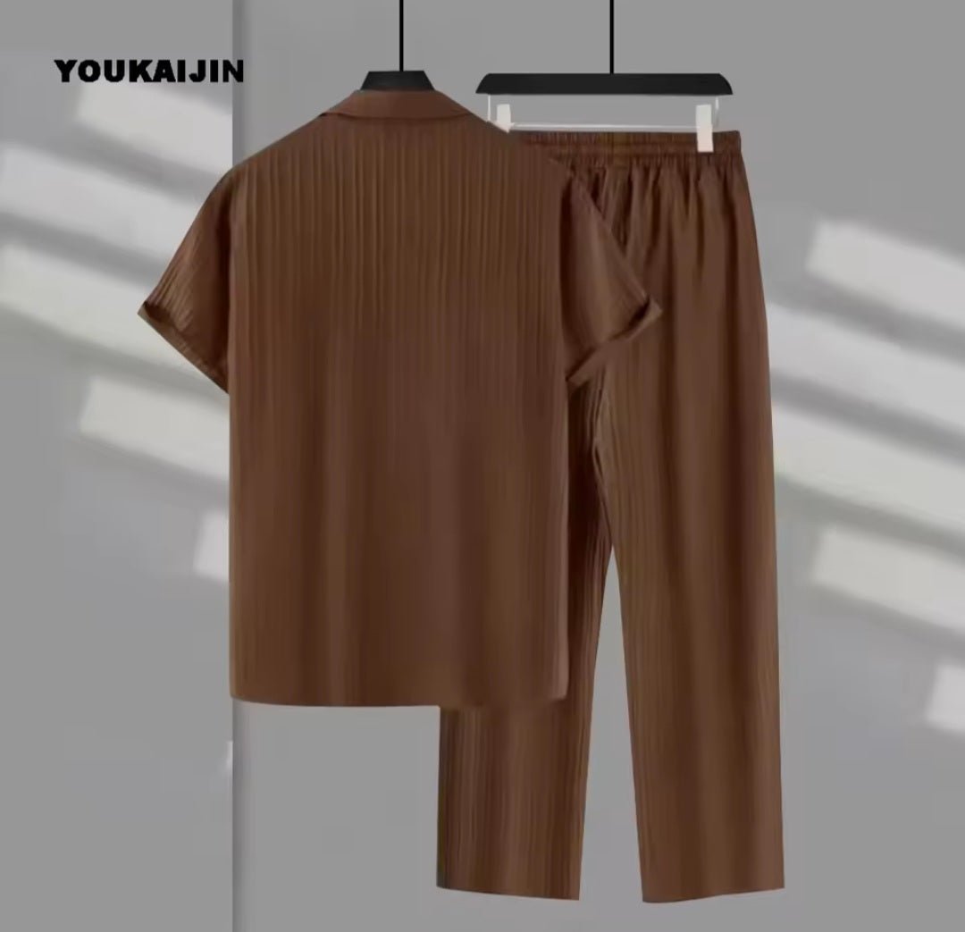 Men's Vertical Stripe Lapel Shirt & Drawstring Pants Set - GLITCH-BELLE