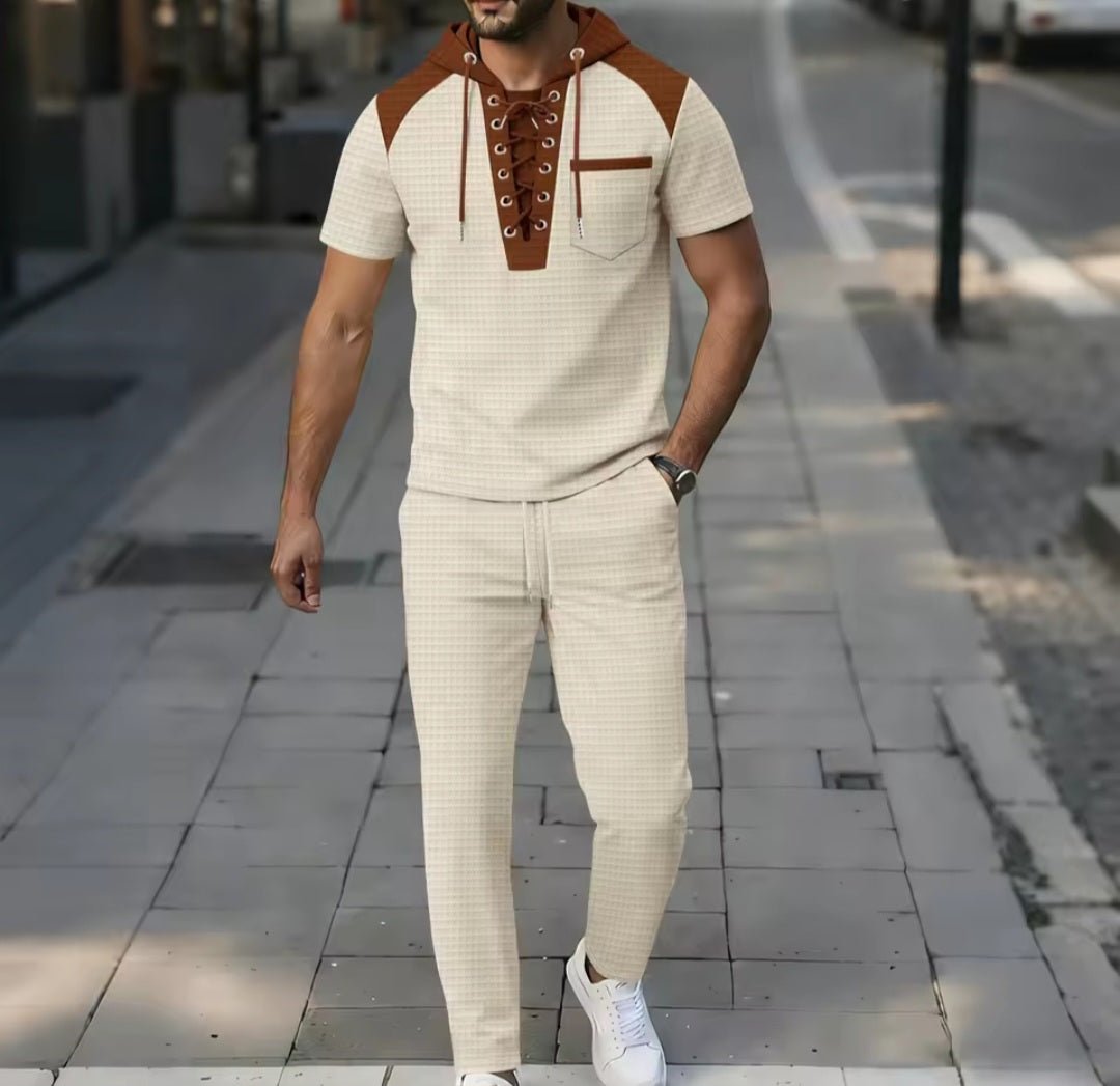 Men's Waffle Fabric Hooded Lace - Up Two - Piece Set | T-Shirt & Pants - GLITCH - BELLE