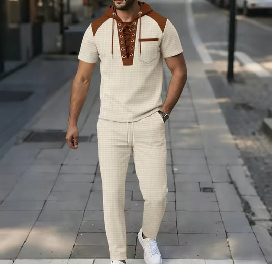 Men's Waffle Fabric Hooded Lace - Up Two - Piece Set | T-Shirt & Pants - GLITCH - BELLE
