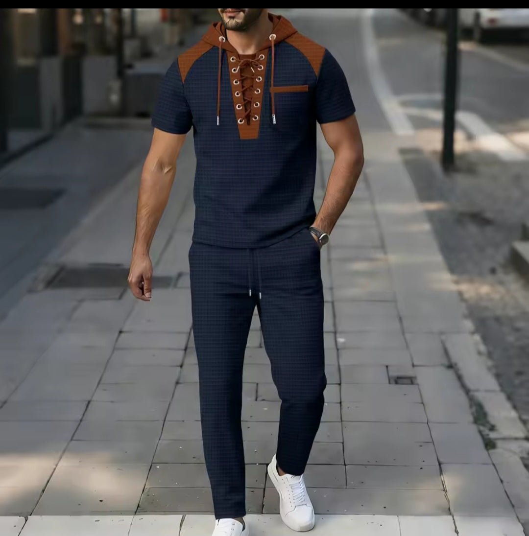 Men's Waffle Fabric Hooded Lace - Up Two - Piece Set | T-Shirt & Pants - GLITCH - BELLE