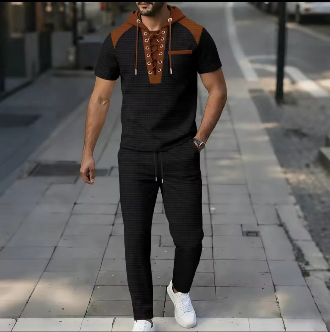Men's Waffle Fabric Hooded Lace - Up Two - Piece Set | T-Shirt & Pants - GLITCH - BELLE