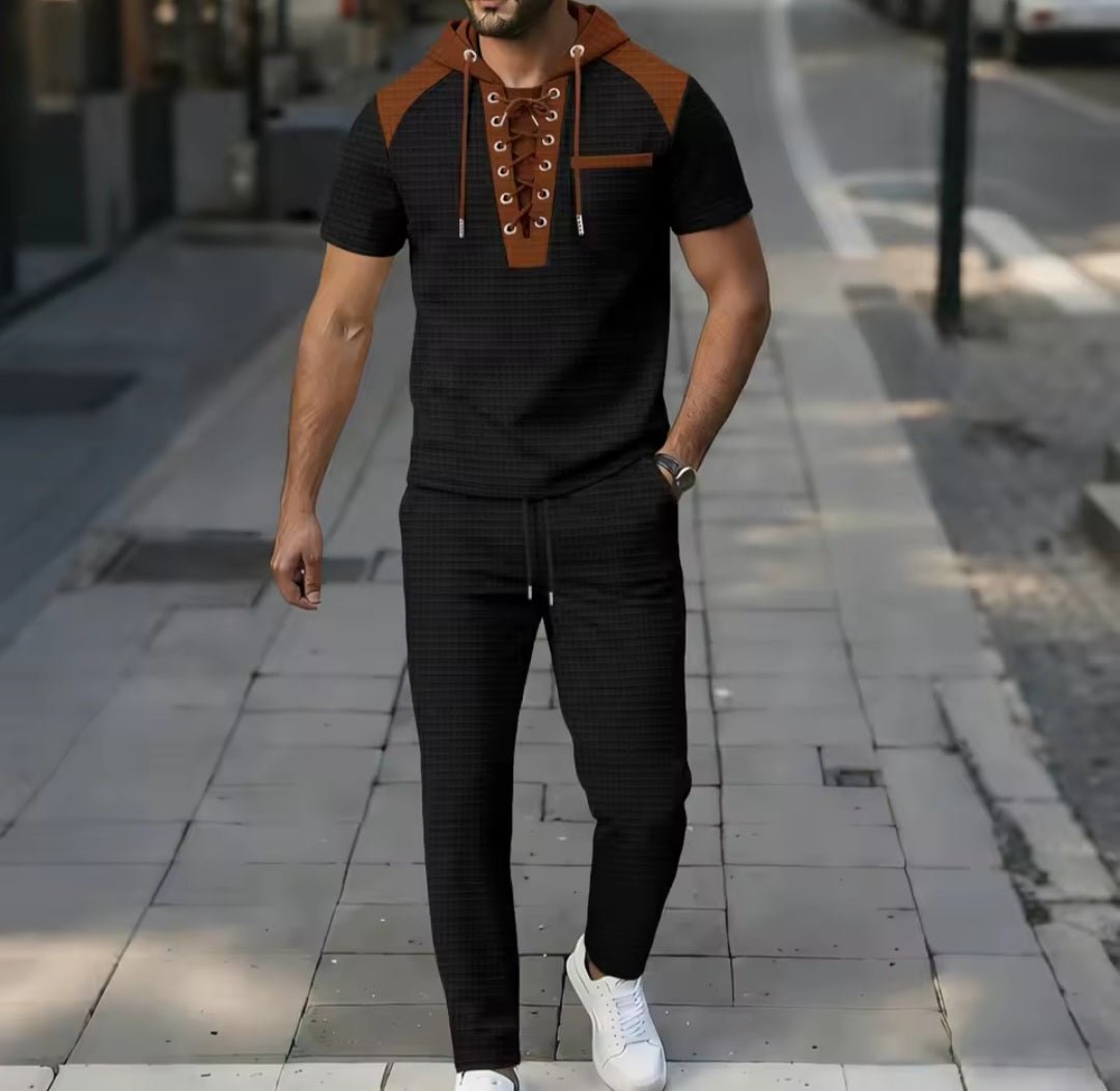 Men's Waffle Fabric Hooded Lace - Up Two - Piece Set | T-Shirt & Pants - GLITCH - BELLE