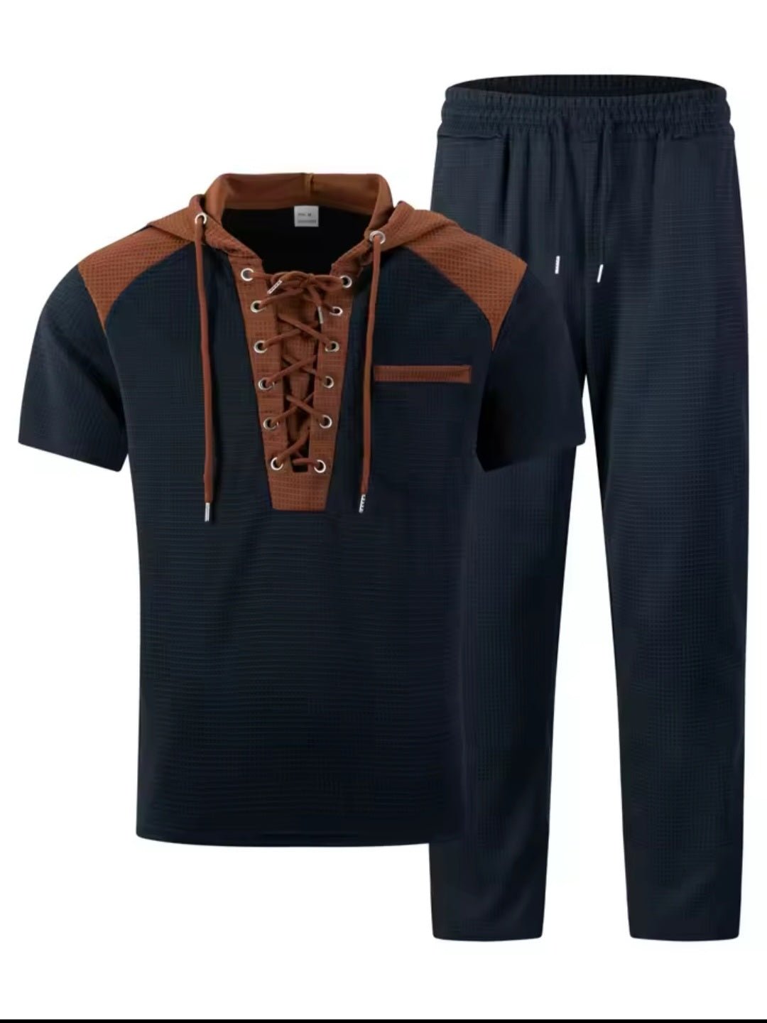 Men's Waffle Fabric Hooded Lace - Up Two - Piece Set | T-Shirt & Pants - GLITCH - BELLE