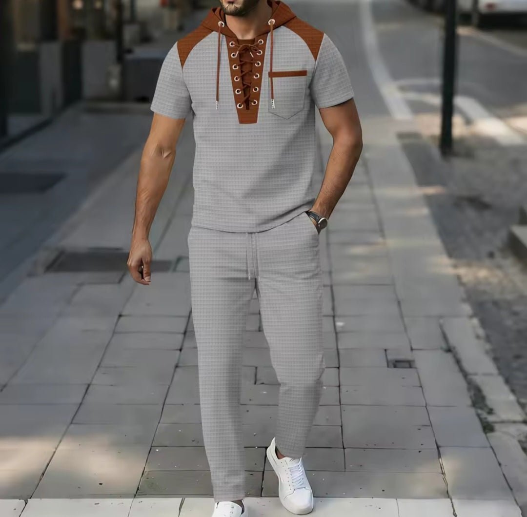Men's Waffle Fabric Hooded Lace - Up Two - Piece Set | T-Shirt & Pants - GLITCH - BELLE