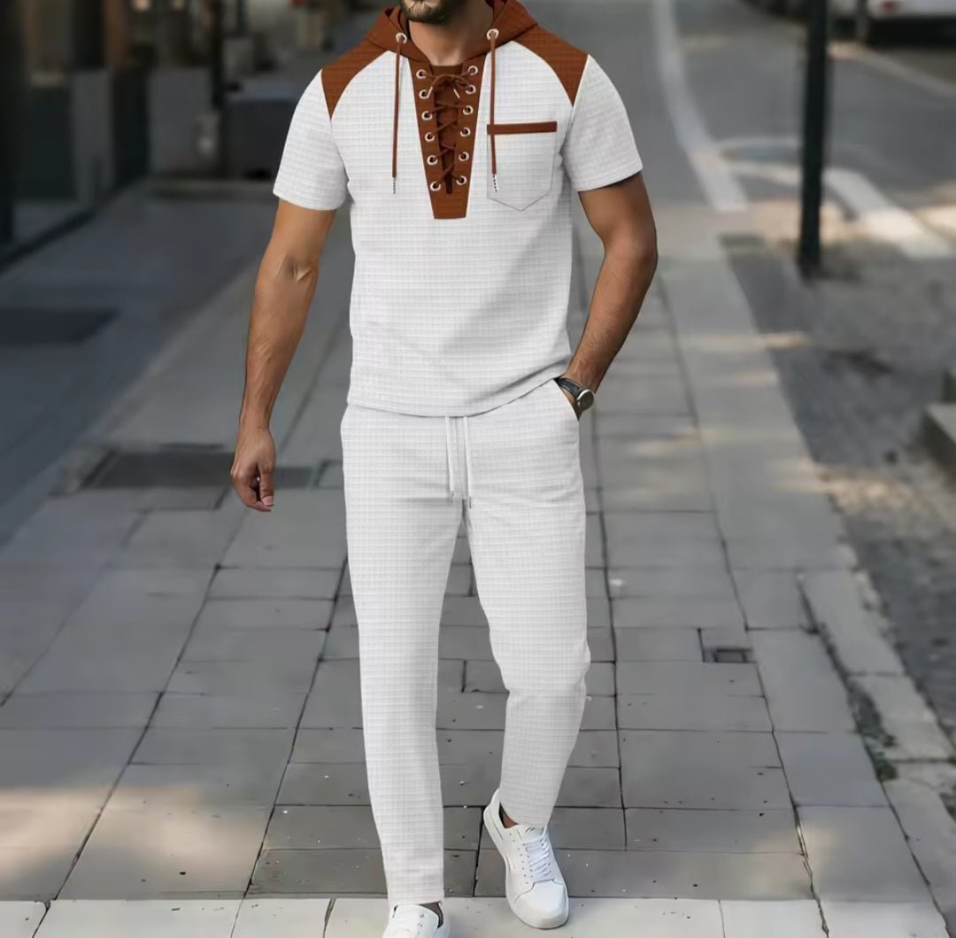Men's Waffle Fabric Hooded Lace - Up Two - Piece Set | T-Shirt & Pants - GLITCH - BELLE