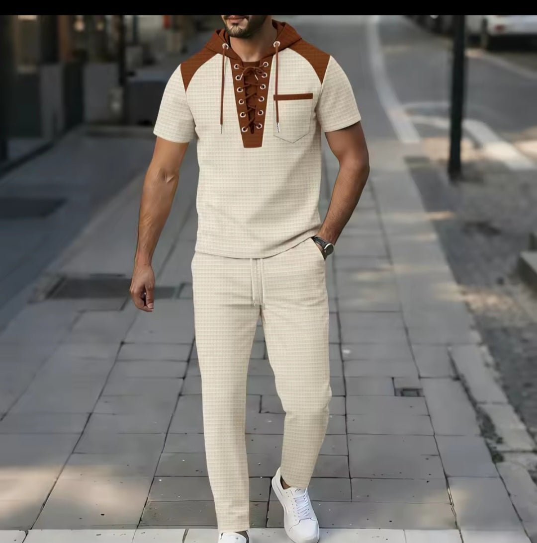 Men's Waffle Fabric Hooded Lace - Up Two - Piece Set | T-Shirt & Pants - GLITCH - BELLE