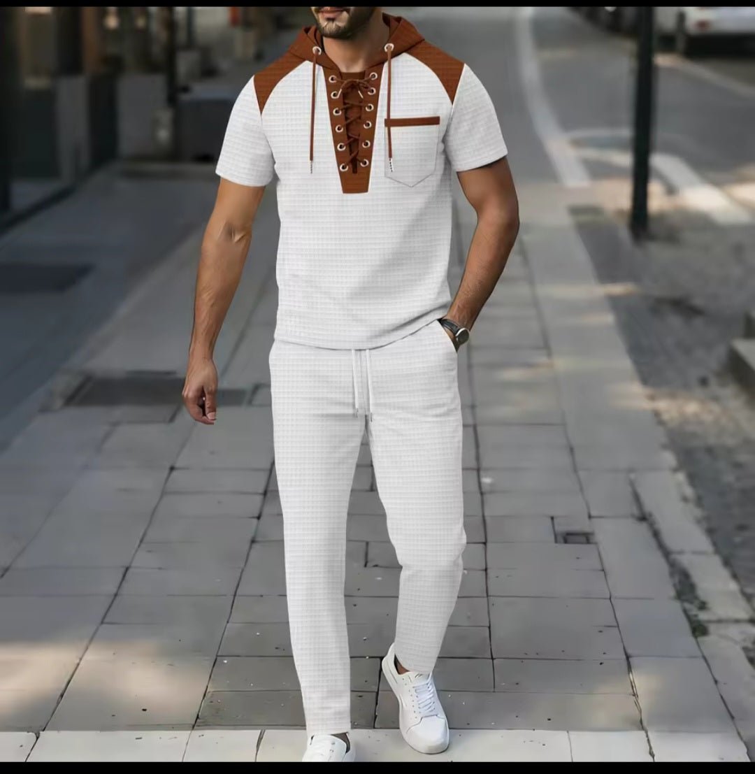 Men's Waffle Fabric Hooded Lace - Up Two - Piece Set | T-Shirt & Pants - GLITCH - BELLE