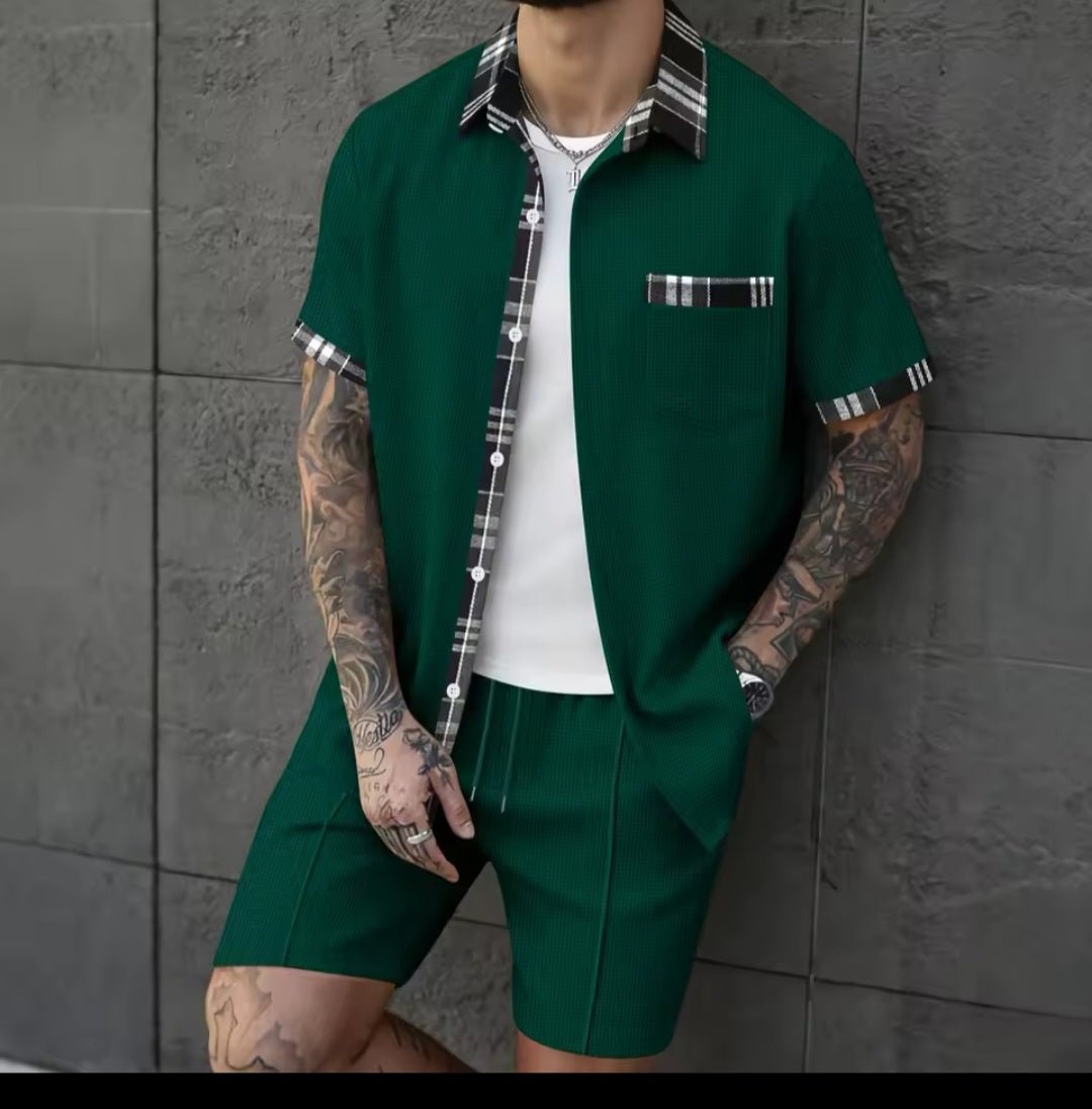 Men's Waffle Knit Short Sleeve Shirt & Shorts Two - Piece Set | Casual Streetwear Tracksuit - GLITCH - BELLE