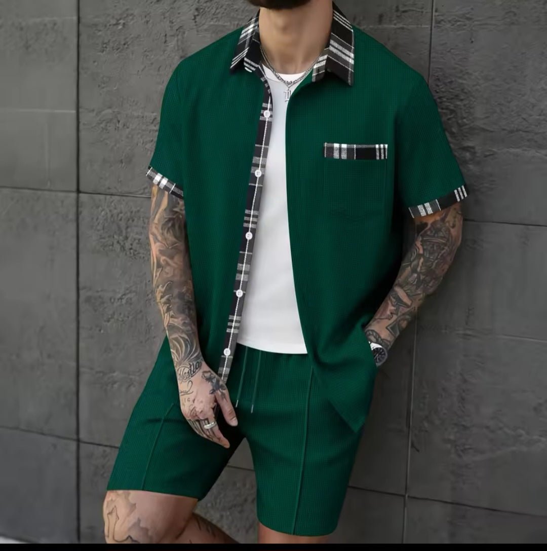 Men's Waffle Knit Short Sleeve Shirt & Shorts Two - Piece Set | Casual Streetwear Tracksuit - GLITCH - BELLE