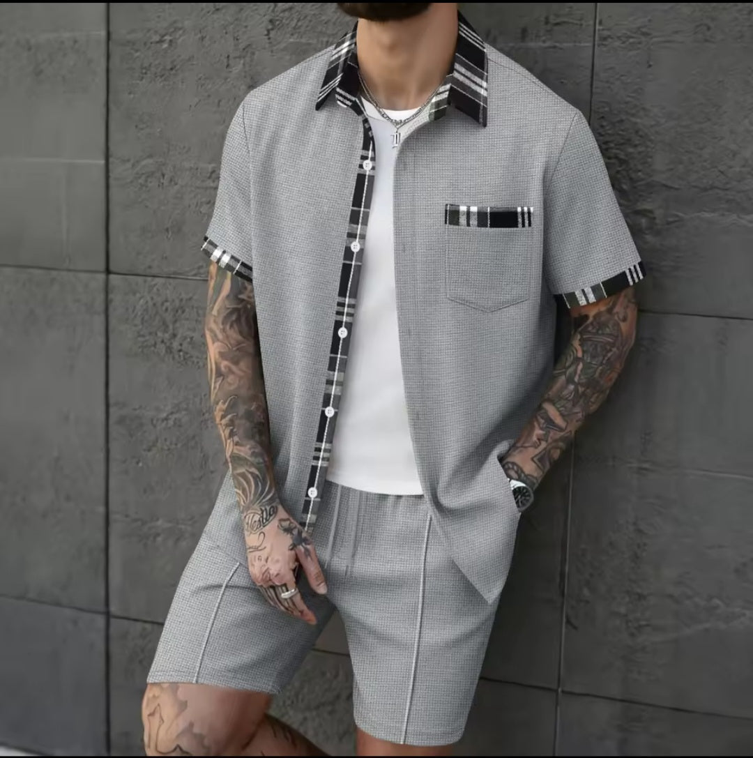 Men's Waffle Knit Short Sleeve Shirt & Shorts Two - Piece Set | Casual Streetwear Tracksuit - GLITCH - BELLE