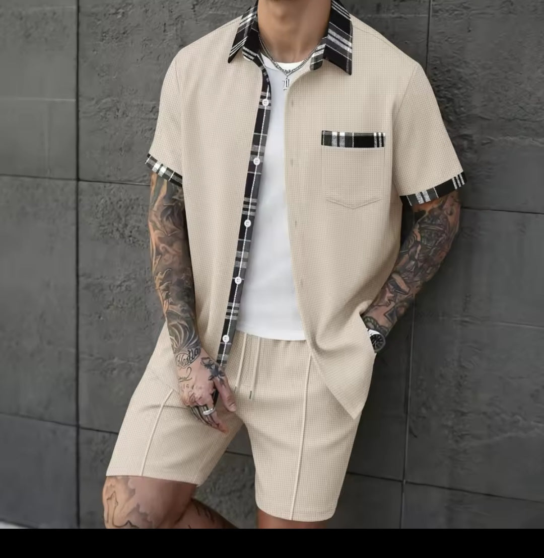 Men's Waffle Knit Short Sleeve Shirt & Shorts Two - Piece Set | Casual Streetwear Tracksuit - GLITCH - BELLE