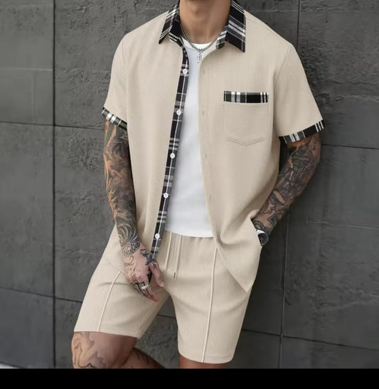 Men's Waffle Knit Short Sleeve Shirt & Shorts Two - Piece Set | Casual Streetwear Tracksuit - GLITCH - BELLE