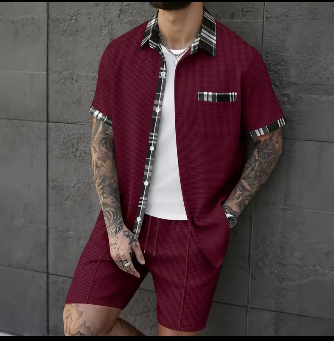 Men's Waffle Knit Short Sleeve Shirt & Shorts Two - Piece Set | Casual Streetwear Tracksuit - GLITCH - BELLE