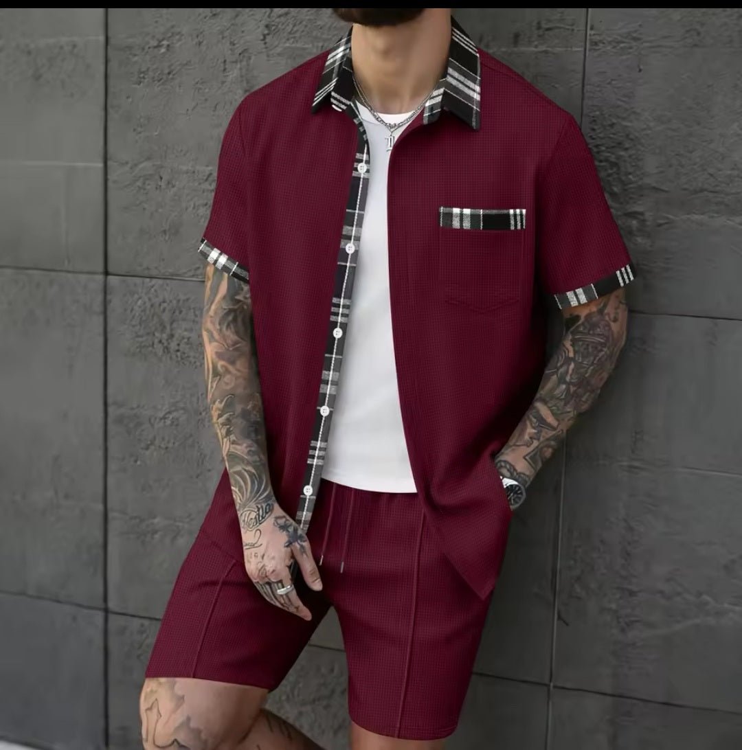Men's Waffle Knit Short Sleeve Shirt & Shorts Two - Piece Set | Casual Streetwear Tracksuit - GLITCH - BELLE