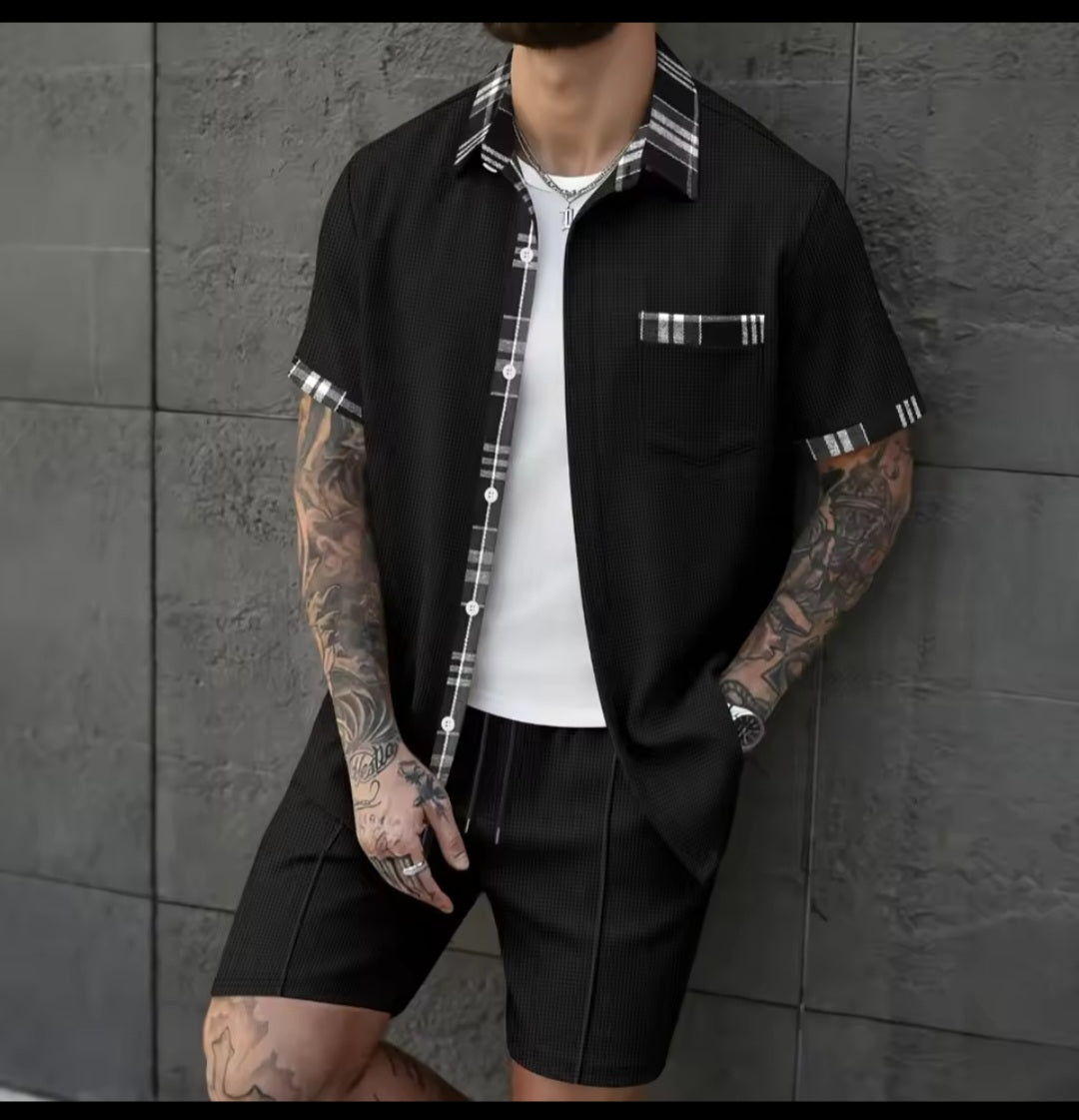 Men's Waffle Knit Short Sleeve Shirt & Shorts Two - Piece Set | Casual Streetwear Tracksuit - GLITCH - BELLE
