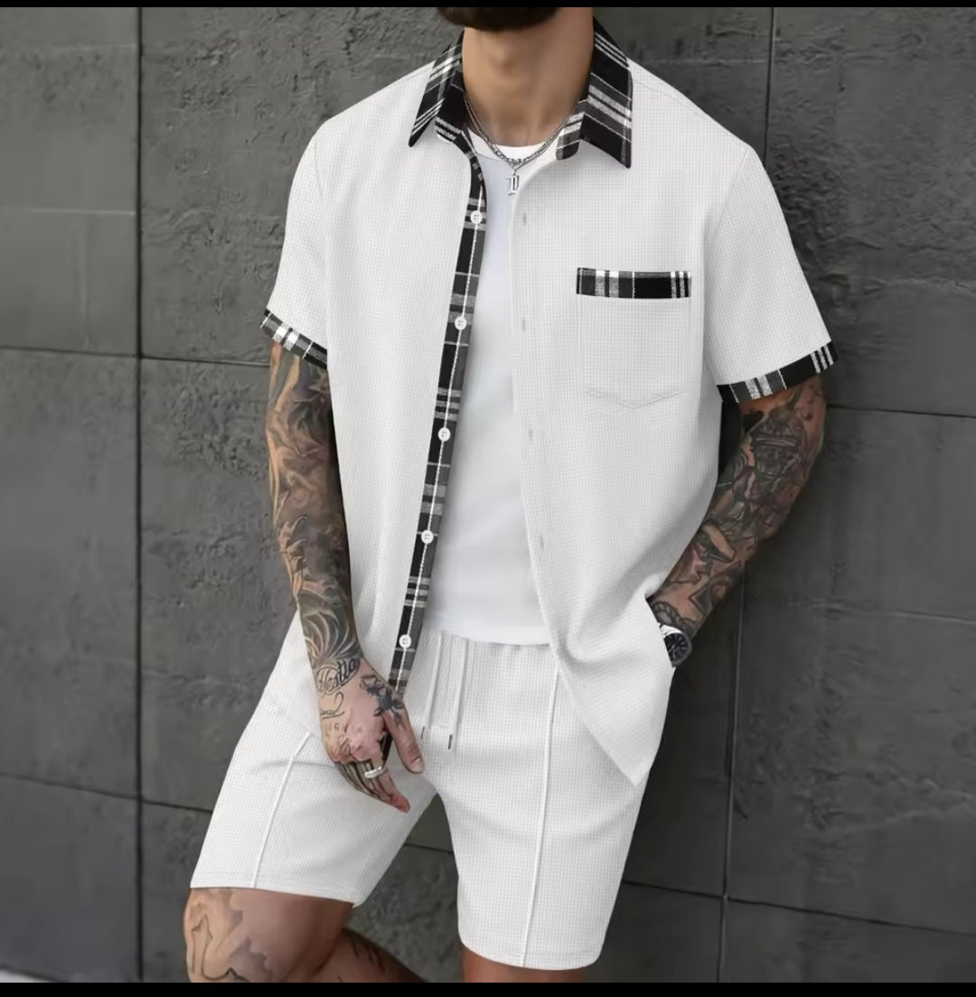 Men's Waffle Knit Short Sleeve Shirt & Shorts Two - Piece Set | Casual Streetwear Tracksuit - GLITCH - BELLE