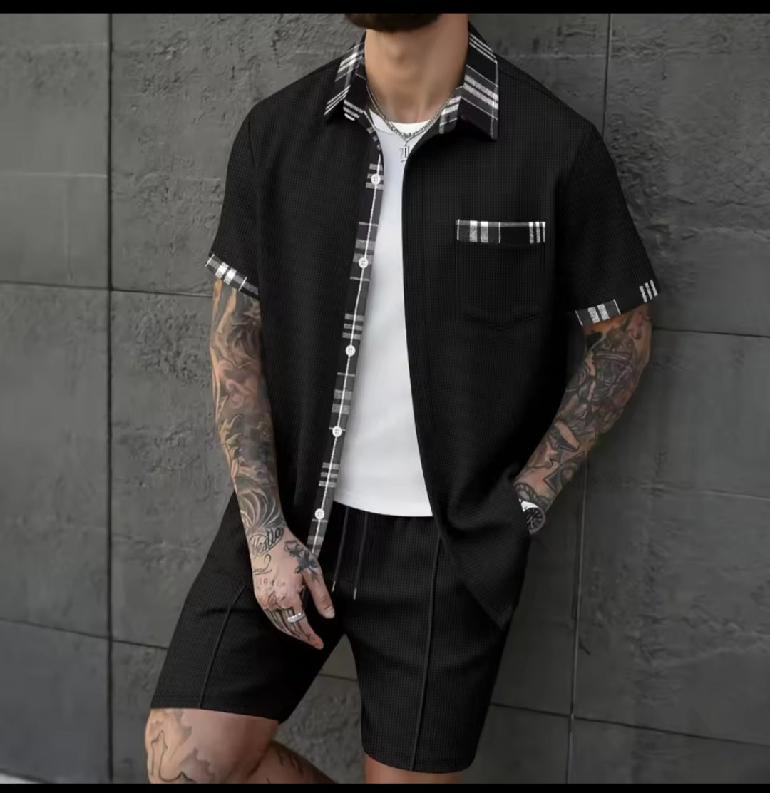 Men's Waffle Knit Short Sleeve Shirt & Shorts Two - Piece Set | Casual Streetwear Tracksuit - GLITCH - BELLE