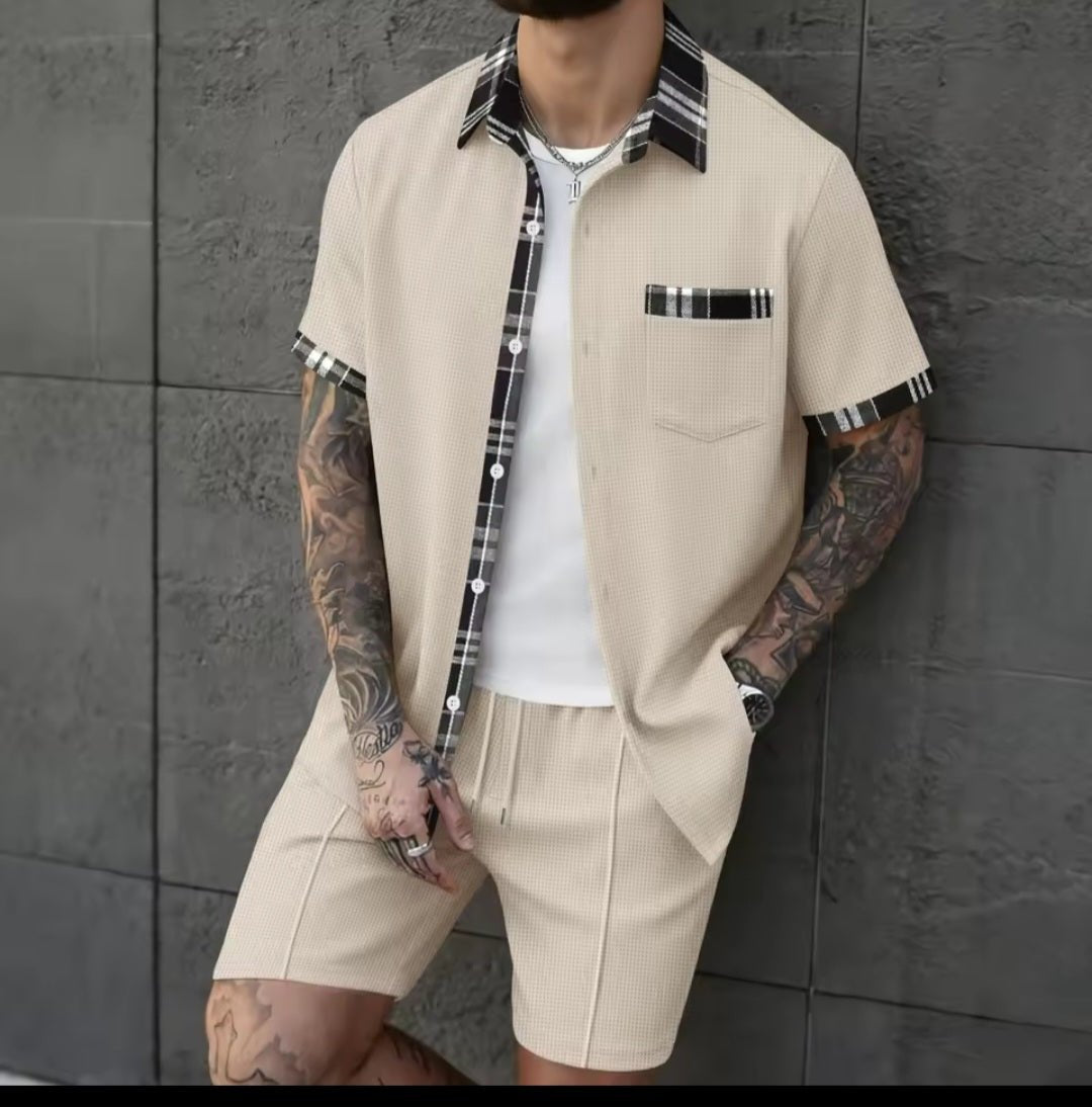 Men's Waffle Knit Short Sleeve Shirt & Shorts Two - Piece Set | Casual Streetwear Tracksuit - GLITCH - BELLE