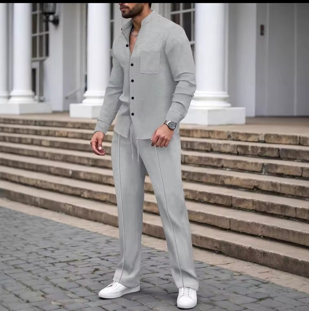 Men's Waffle Knit Stand - Up Neck Cardigan & Pants Set - GLITCH - BELLE