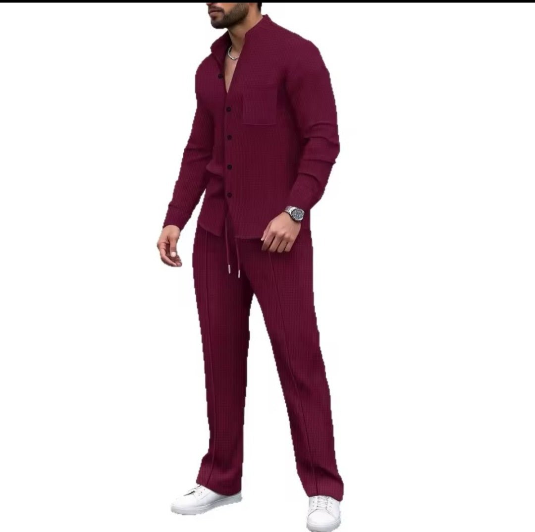 Men's Waffle Knit Stand - Up Neck Cardigan & Pants Set - GLITCH - BELLE