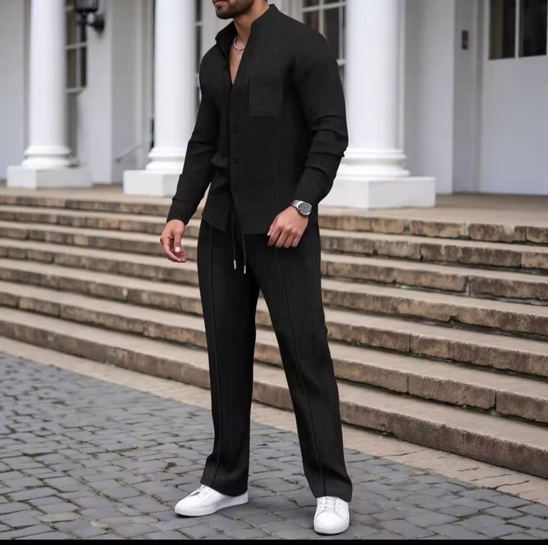 Men's Waffle Knit Stand - Up Neck Cardigan & Pants Set - GLITCH - BELLE