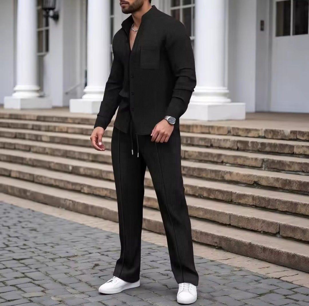 Men's Waffle Knit Stand - Up Neck Cardigan & Pants Set - GLITCH - BELLE