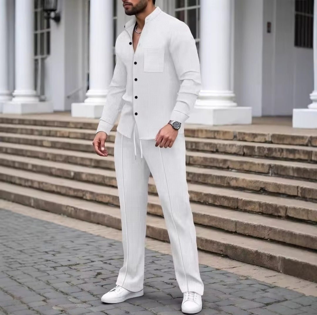 Men's Waffle Knit Stand - Up Neck Cardigan & Pants Set - GLITCH - BELLE