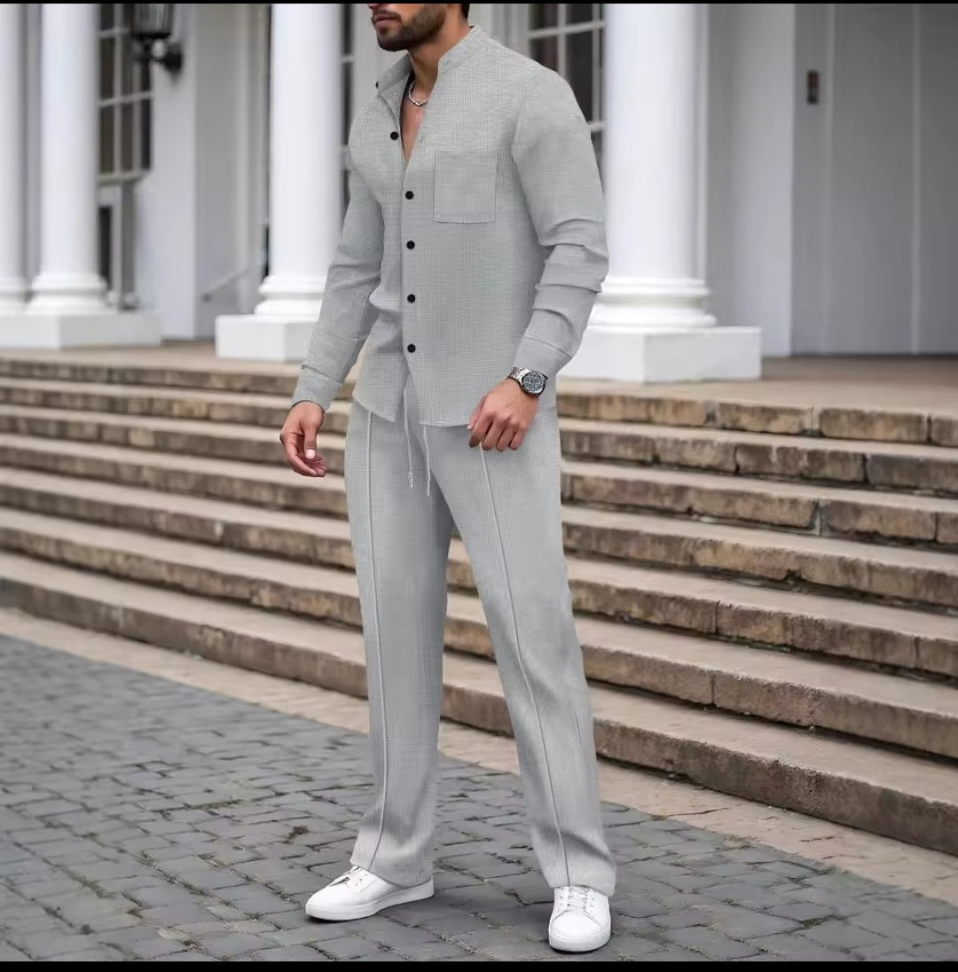Men's Waffle Knit Stand - Up Neck Cardigan & Pants Set - GLITCH - BELLE