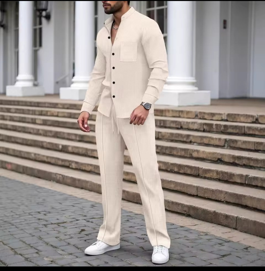Men's Waffle Knit Stand - Up Neck Cardigan & Pants Set - GLITCH - BELLE